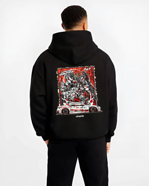 Black hoodie worn by a male model, back view, featuring racing drift jdm japanese street performance motorsport automotive graphic.