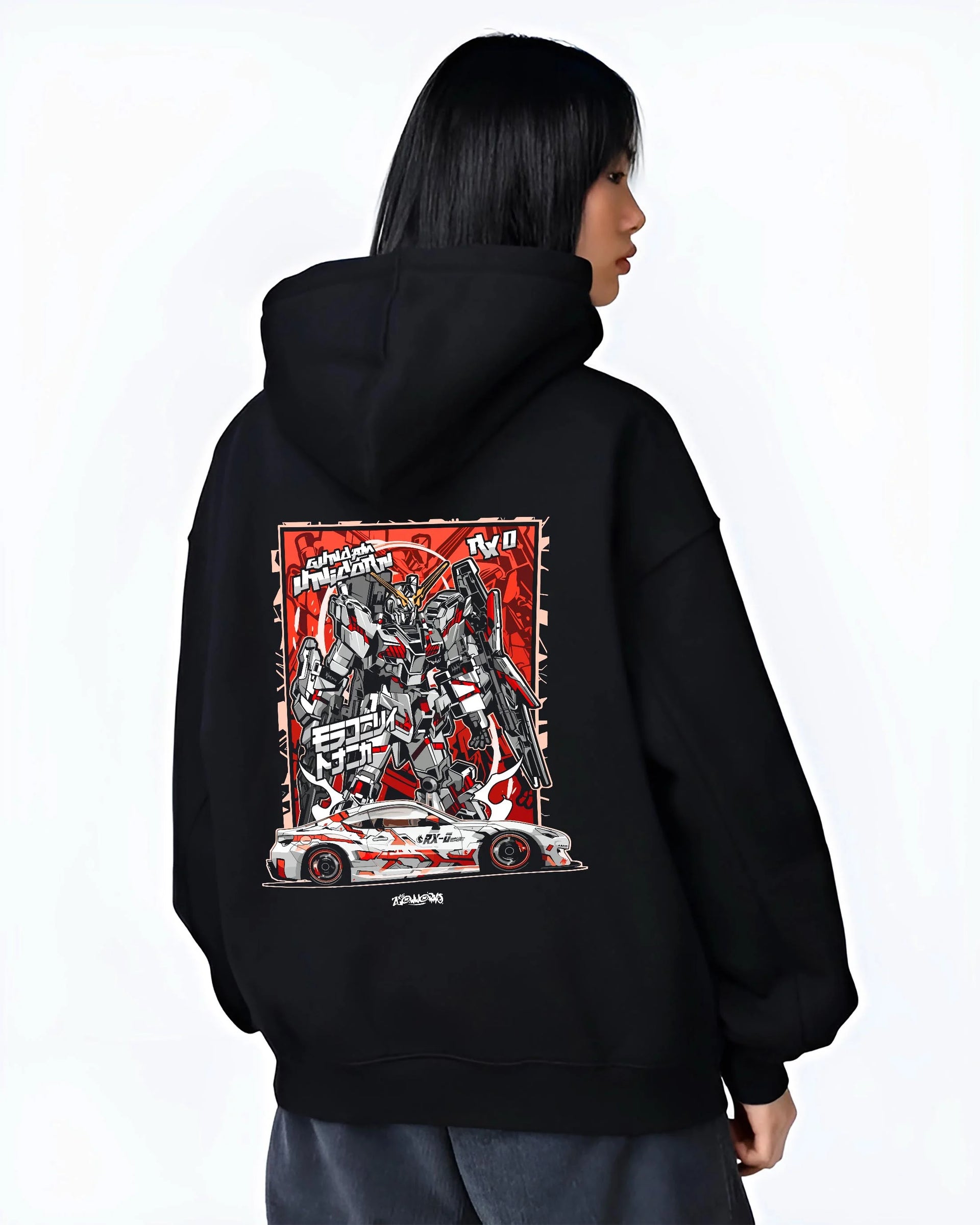 Black hoodie worn by a female model, back view, featuring racing drift jdm japanese street performance motorsport graphic.