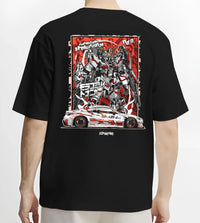 Black T-shirt worn by a male model, back view, featuring racing drift jdm japanese street performance motorsport automotive graphic.