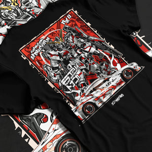 Black T-shirt laid flat with natural fabric folds, featuring racing drift jdm japanese street performance motorsport graphic.