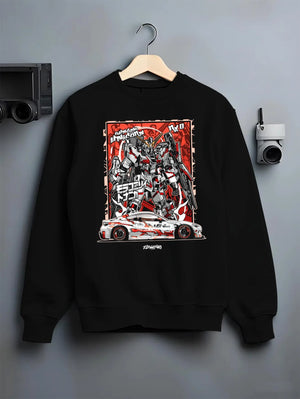 Black crewneck sweatshirt on a hanger against a grey wall, featuring racing drift jdm japanese street performance graphic.