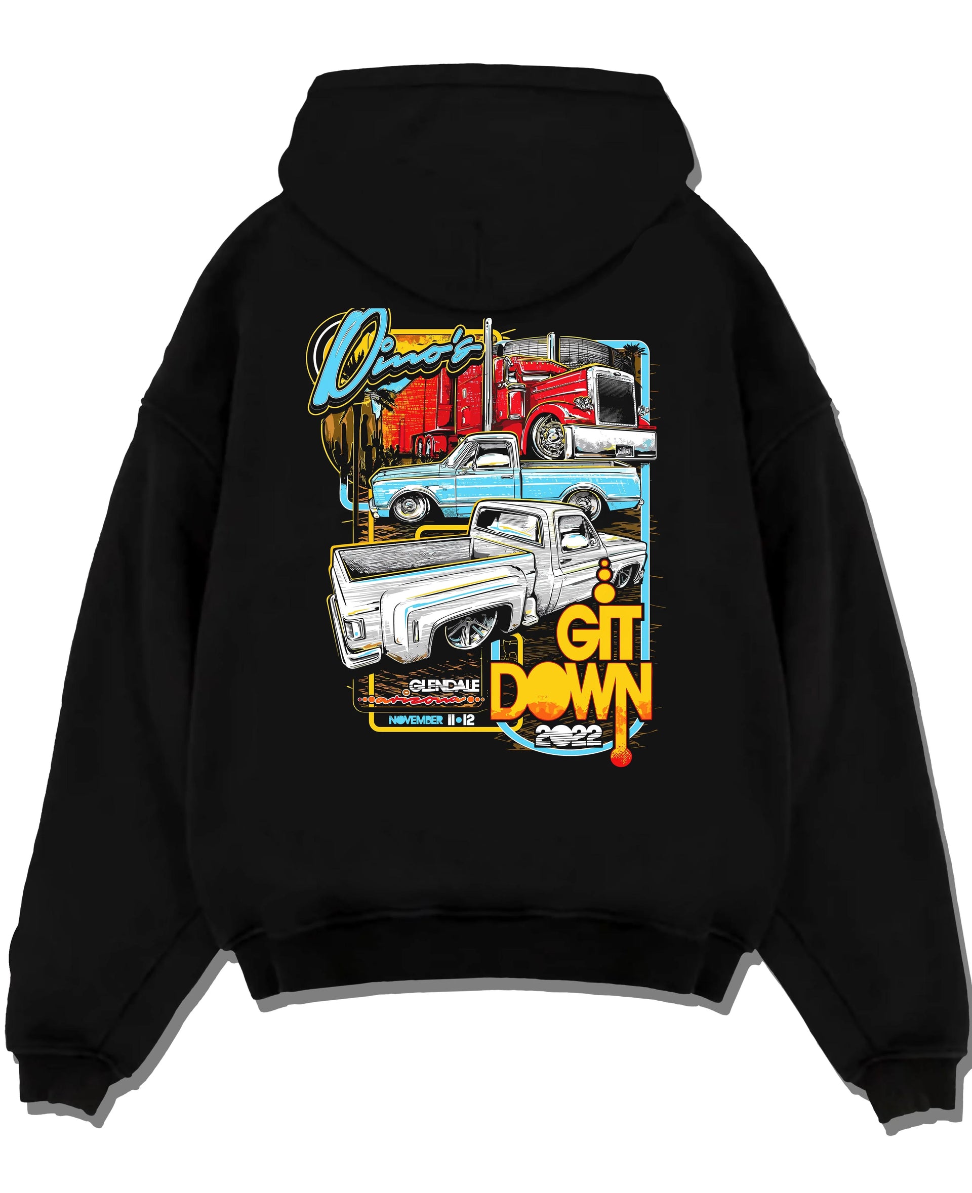 Black pullover hoodie laid flat on a white background, featuring street retro classic show racing performance motorsport graphic.