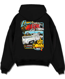 Black pullover hoodie laid flat on a white background, featuring street retro classic show racing performance motorsport graphic.