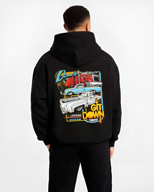 Black hoodie worn by a male model, back view, featuring street retro classic show racing performance motorsport automotive graphic.