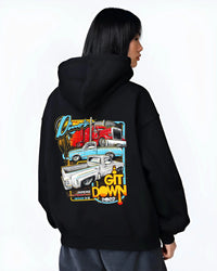 Black hoodie worn by a female model, back view, featuring street retro classic show racing performance motorsport graphic.