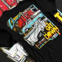 Black T-shirt laid flat with natural fabric folds, featuring street retro classic show racing performance motorsport graphic.