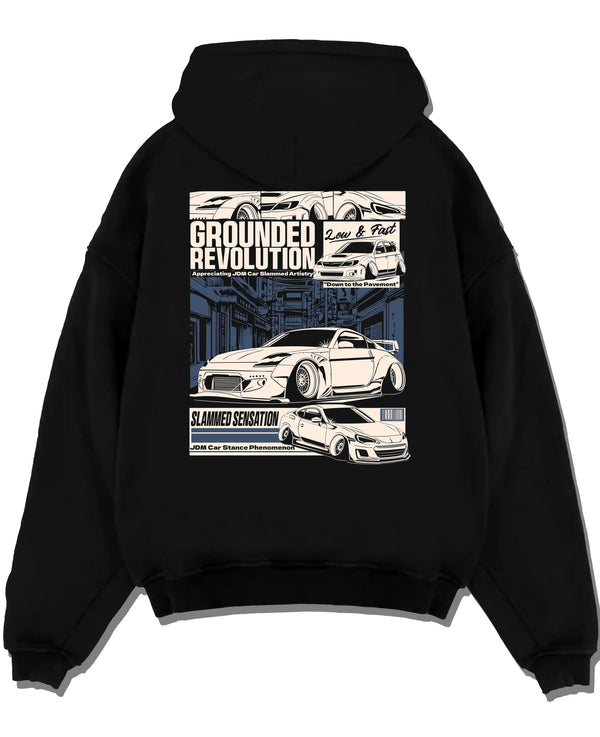 Black pullover hoodie laid flat on a white background, featuring EVO drift jdm japanese stance slammed street racing graphic.