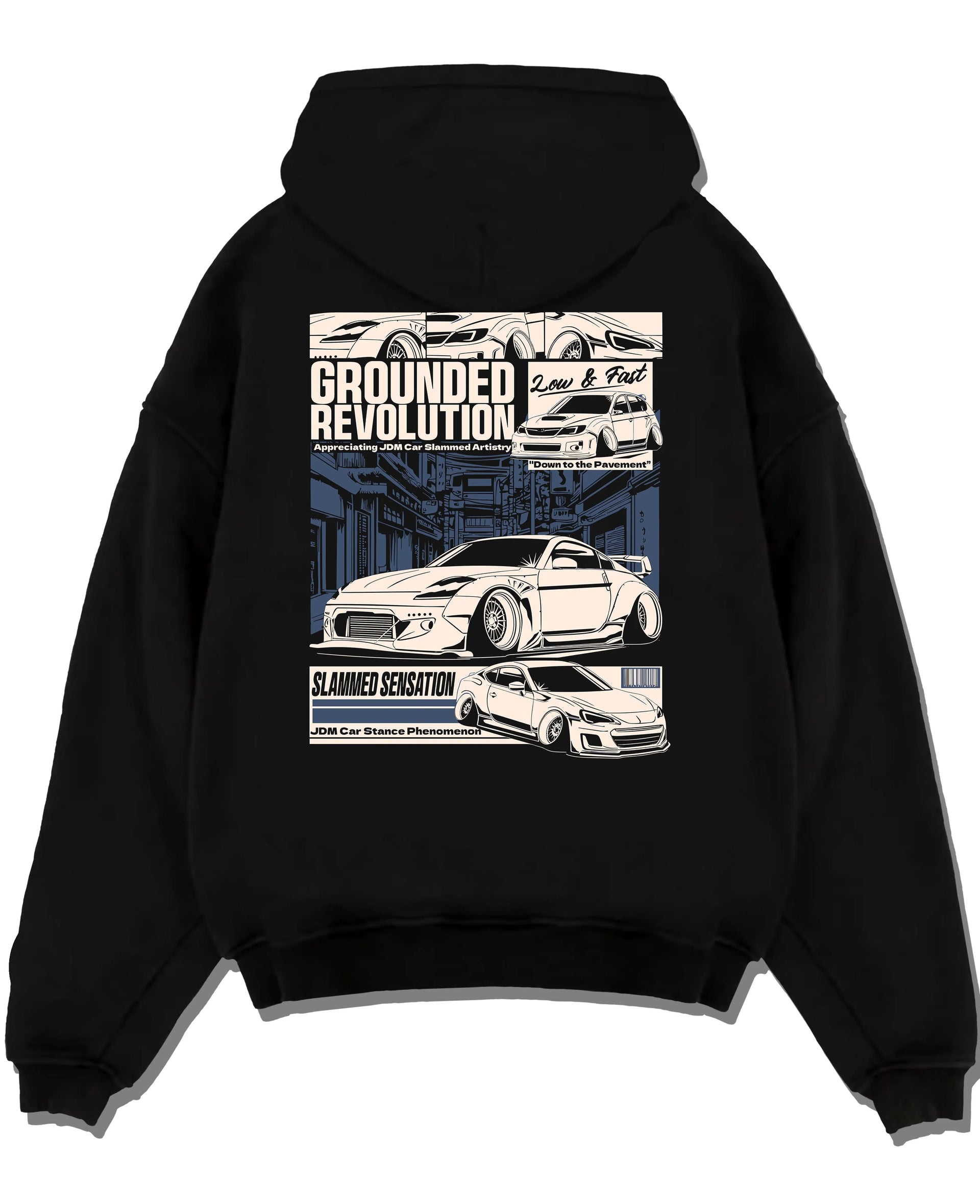 Black pullover hoodie laid flat on a white background, featuring EVO drift jdm japanese stance slammed street racing graphic.