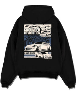 Black pullover hoodie laid flat on a white background, featuring EVO drift jdm japanese stance slammed street racing graphic.