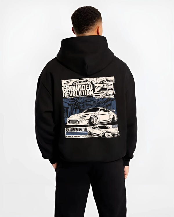 Black hoodie worn by a male model, back view, featuring EVO drift jdm japanese stance slammed street racing graphic.