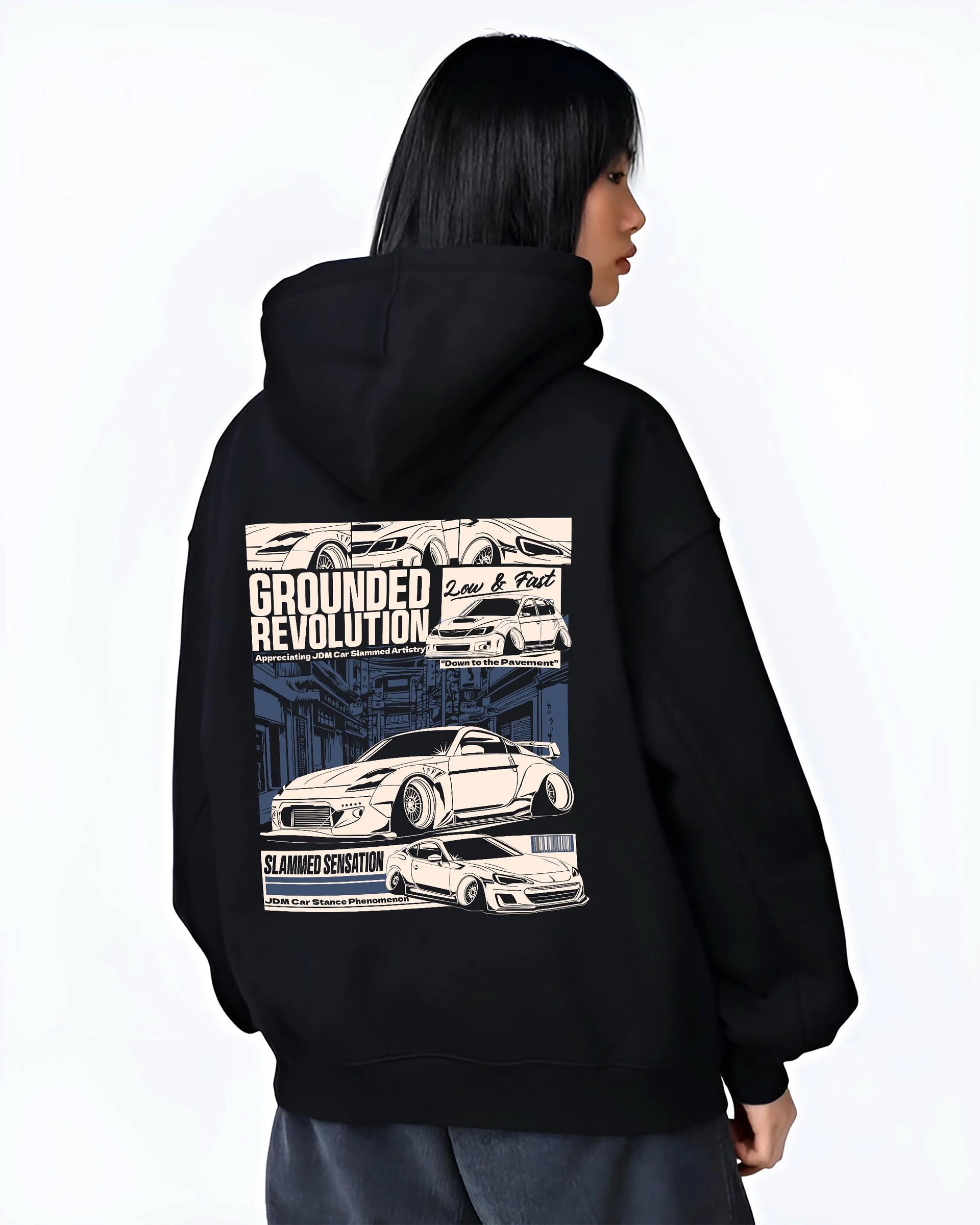 Black hoodie worn by a female model, back view, featuring EVO drift jdm japanese stance slammed street racing graphic.