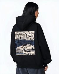 Black hoodie worn by a female model, back view, featuring EVO drift jdm japanese stance slammed street racing graphic.