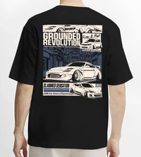 Black T-shirt worn by a male model, back view, featuring EVO drift jdm japanese stance slammed street racing graphic.