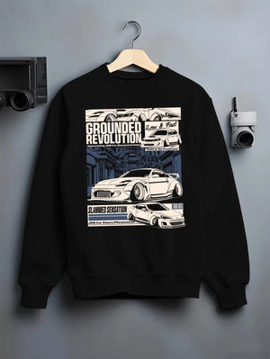 Black crewneck sweatshirt on a hanger against a grey wall, featuring EVO drift jdm japanese stance slammed street racing graphic.