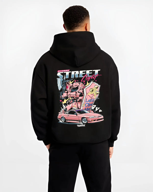 Black hoodie worn by a male model, back view, featuring rs nos retro vintage enthusiast racing street performance graphic.