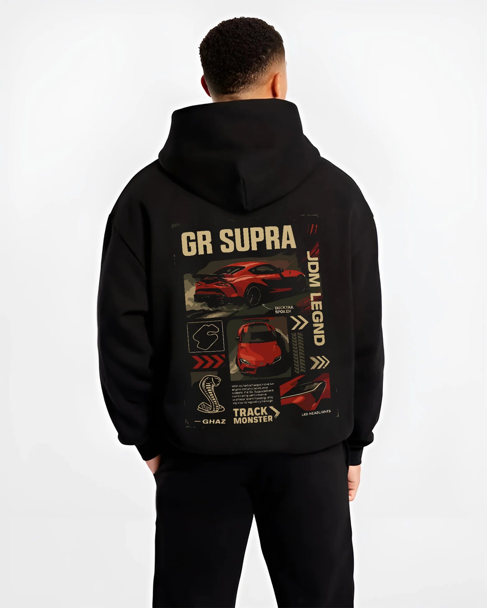 Black hoodie worn by a male model, back view, featuring SUPRA turbo turbocharged racing drift jdm japanese tuner street graphic.