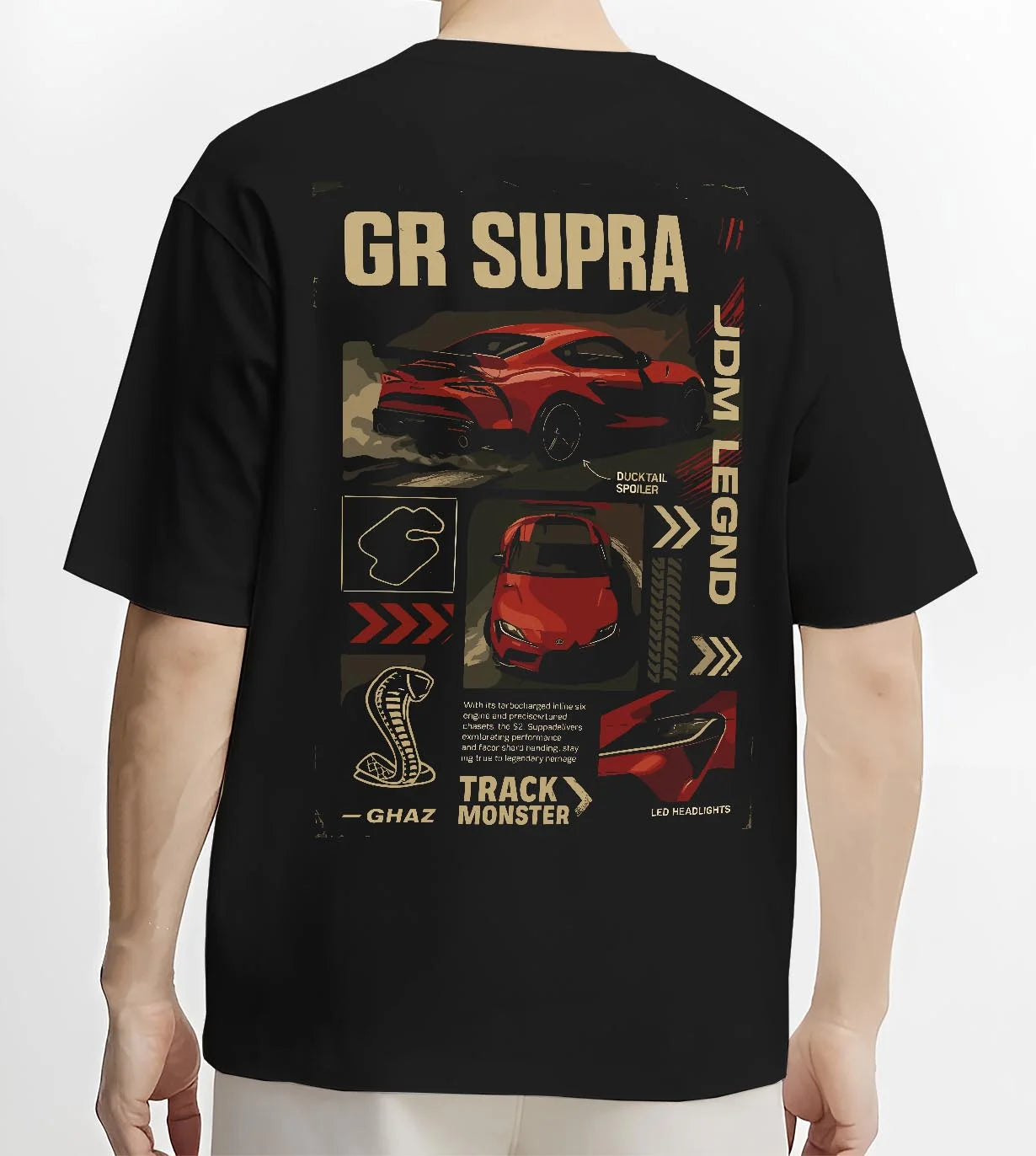 Black T-shirt worn by a male model, back view, featuring SUPRA turbo turbocharged racing drift jdm japanese tuner street graphic.