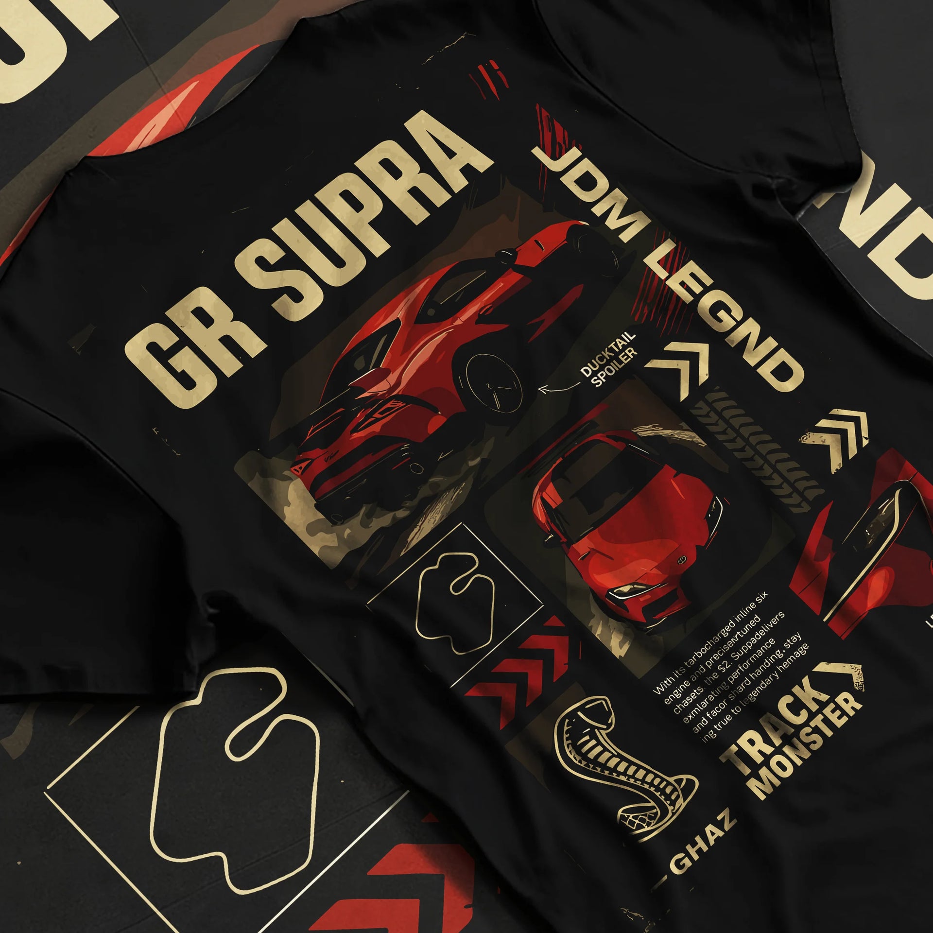 Black T-shirt laid flat with natural fabric folds, featuring SUPRA turbo turbocharged racing drift jdm japanese tuner graphic.