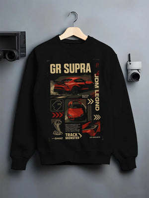 Black crewneck sweatshirt on a hanger against a grey wall, featuring SUPRA turbo turbocharged racing drift jdm japanese graphic.