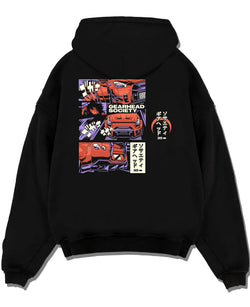 Black pullover hoodie laid flat on a white background, featuring drift jdm japanese gearhead racing street performance graphic.