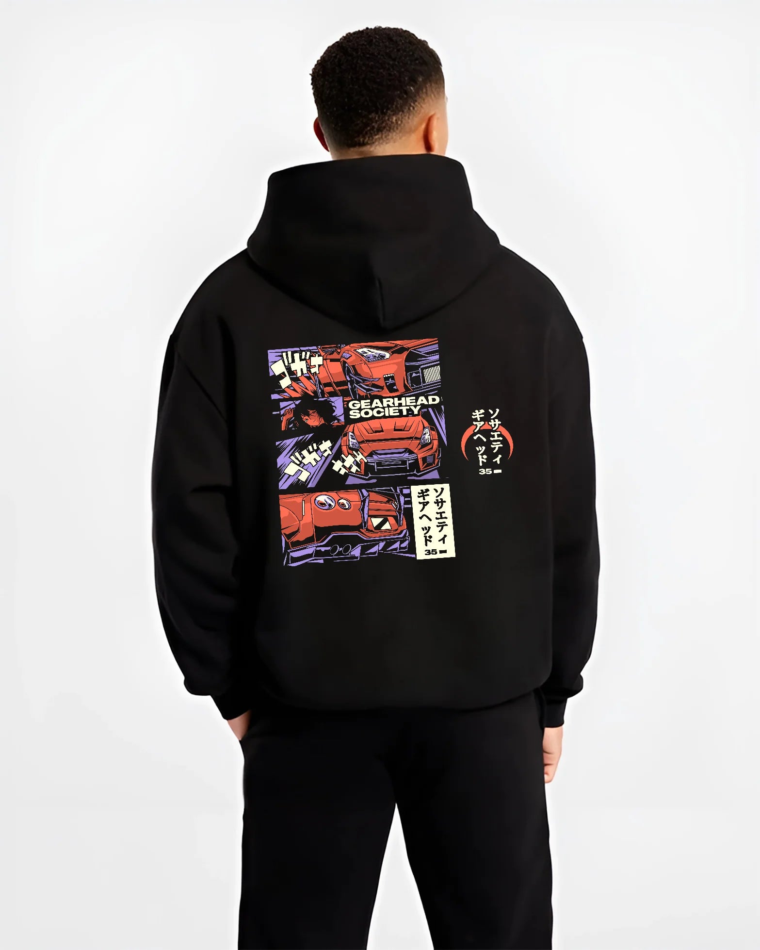Black hoodie worn by a male model, back view, featuring drift jdm japanese gearhead racing street performance motorsport graphic.