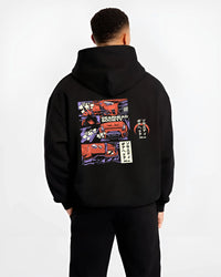 Black hoodie worn by a male model, back view, featuring drift jdm japanese gearhead racing street performance motorsport graphic.