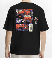 Black T-shirt worn by a male model, back view, featuring drift jdm japanese gearhead racing street performance motorsport graphic.