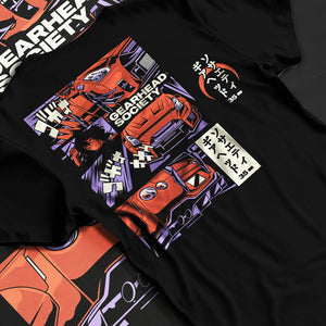 Black T-shirt laid flat with natural fabric folds, featuring drift jdm japanese gearhead racing street performance graphic.