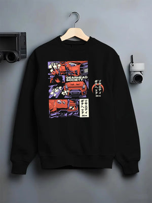 Black crewneck sweatshirt on a hanger against a grey wall, featuring drift jdm japanese gearhead racing street performance graphic.