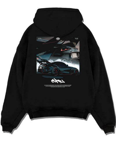 Black pullover hoodie laid flat on a white background, featuring Toyota Supra turbo turbocharged racing drift jdm japanese graphic.