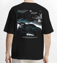 Black T-shirt worn by a male model, back view, featuring Toyota Supra turbo turbocharged racing drift jdm japanese tuner graphic.