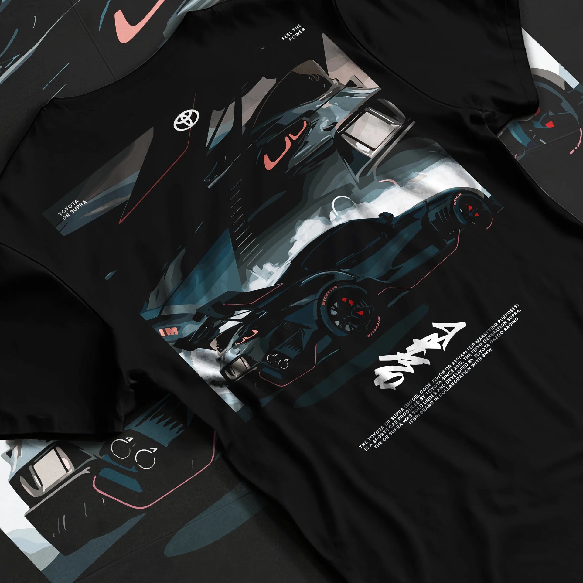 Black T-shirt laid flat with natural fabric folds, featuring Toyota Supra turbo turbocharged racing drift jdm japanese graphic.