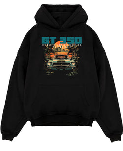 Black pullover hoodie laid flat on a white background, featuring MUSTANG gt3 muscle street retro classic enthusiast racing graphic.