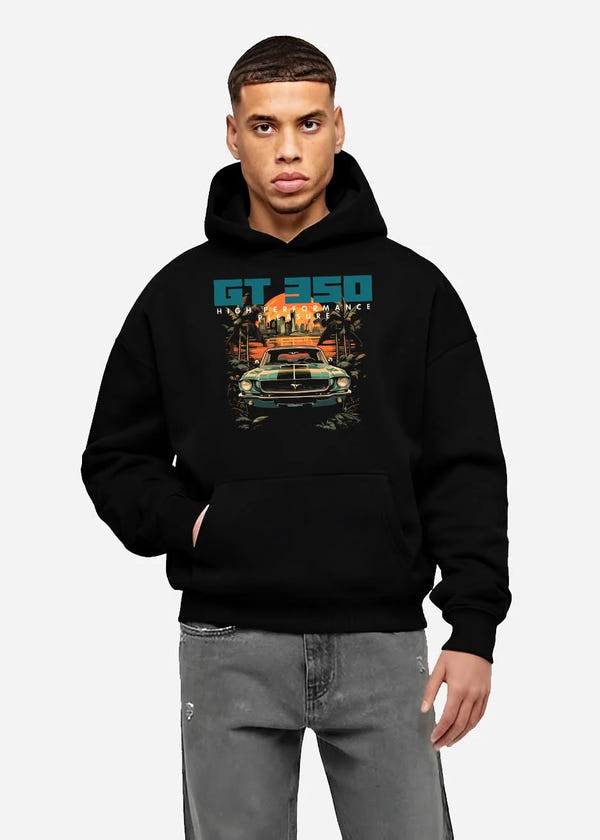 Black hoodie worn by a male model, front view, featuring MUSTANG gt3 muscle street retro classic enthusiast racing graphic.
