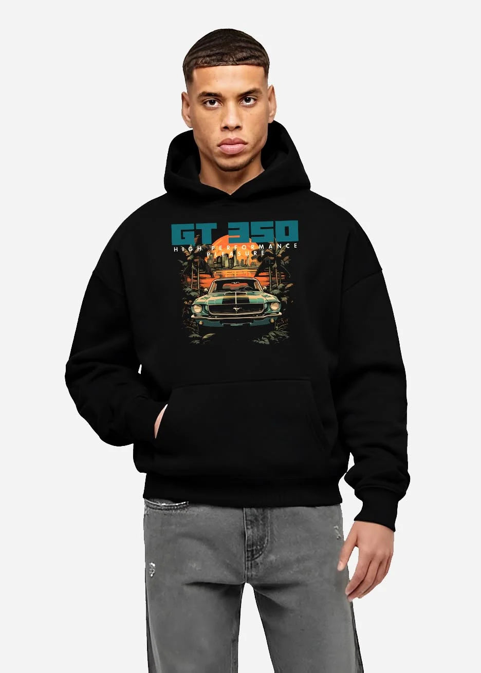 Black hoodie worn by a male model, front view, featuring MUSTANG gt3 muscle street retro classic enthusiast racing graphic.