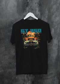 Black crewneck T-shirt on a hanger against a grey wall, featuring MUSTANG gt3 muscle street retro classic enthusiast racing graphic.