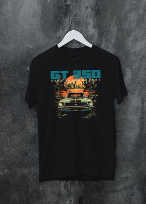Black crewneck T-shirt on a hanger against a grey wall, featuring MUSTANG gt3 muscle street retro classic enthusiast racing graphic.