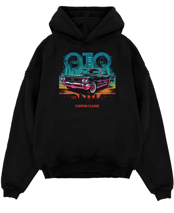 Black pullover hoodie laid flat on a white background, featuring Pontiac GTO muscle street retro vintage classic enthusiast gto65.