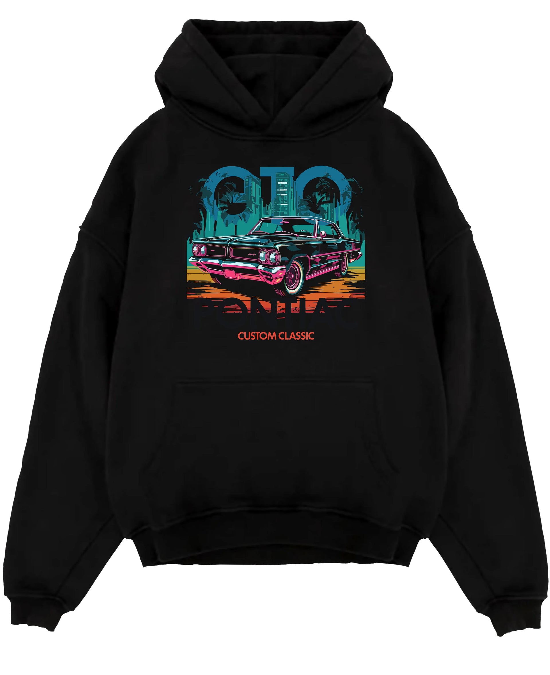 Black pullover hoodie laid flat on a white background, featuring Pontiac GTO muscle street retro vintage classic enthusiast gto65.