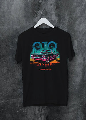 Black crewneck T-shirt on a hanger against a grey wall, featuring Pontiac GTO muscle street retro vintage classic graphic.