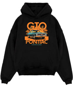 Black pullover hoodie laid flat on a white background, featuring Pontiac GTO rs muscle street retro vintage classic graphic.