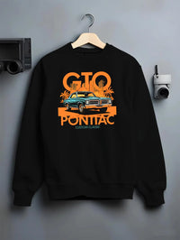 Black crewneck sweatshirt on a hanger against a grey wall, featuring Pontiac GTO rs muscle street retro vintage classic graphic.