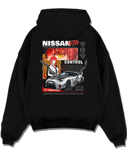 Black pullover hoodie laid flat on a white background, featuring Nissan Skyline R34 gtr r34 skyline turbo turbocharged graphic.