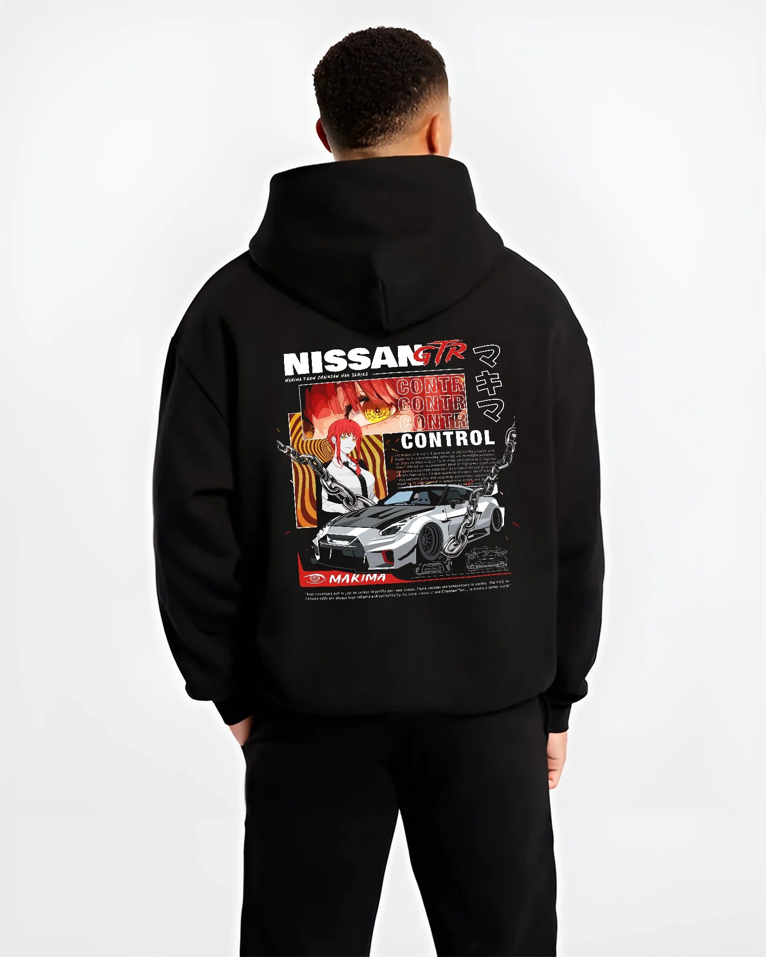 Black hoodie worn by a male model, back view, featuring Nissan Skyline R34 gtr r34 skyline turbo turbocharged racing drift graphic.