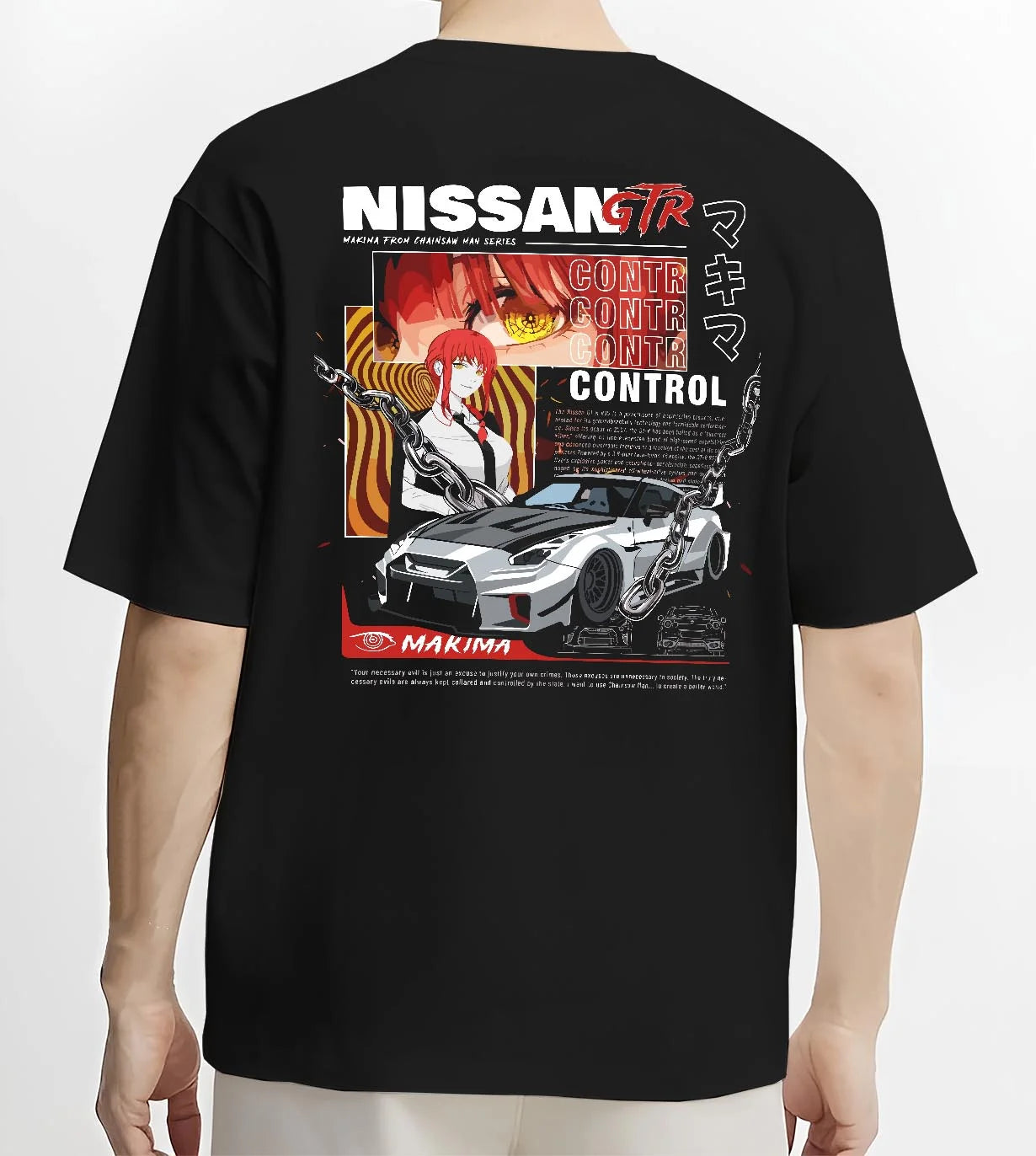 Black T-shirt worn by a male model, back view, featuring Nissan Skyline R34 gtr r34 skyline turbo turbocharged racing drift graphic.