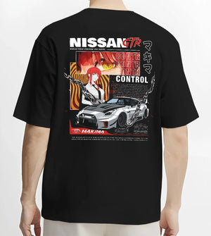 Black T-shirt worn by a male model, back view, featuring Nissan Skyline R34 gtr r34 skyline turbo turbocharged racing drift graphic.
