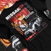 Black T-shirt laid flat with natural fabric folds, featuring Nissan Skyline R34 gtr r34 skyline turbo turbocharged racing graphic.