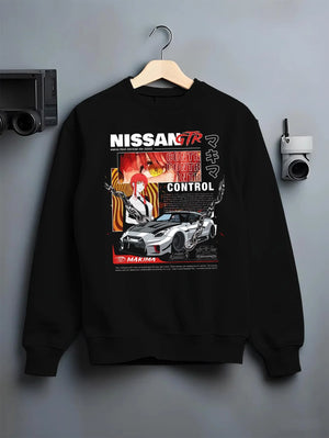Black crewneck sweatshirt on a hanger against a grey wall, featuring Nissan Skyline R34 gtr r34 skyline turbo turbocharged graphic.