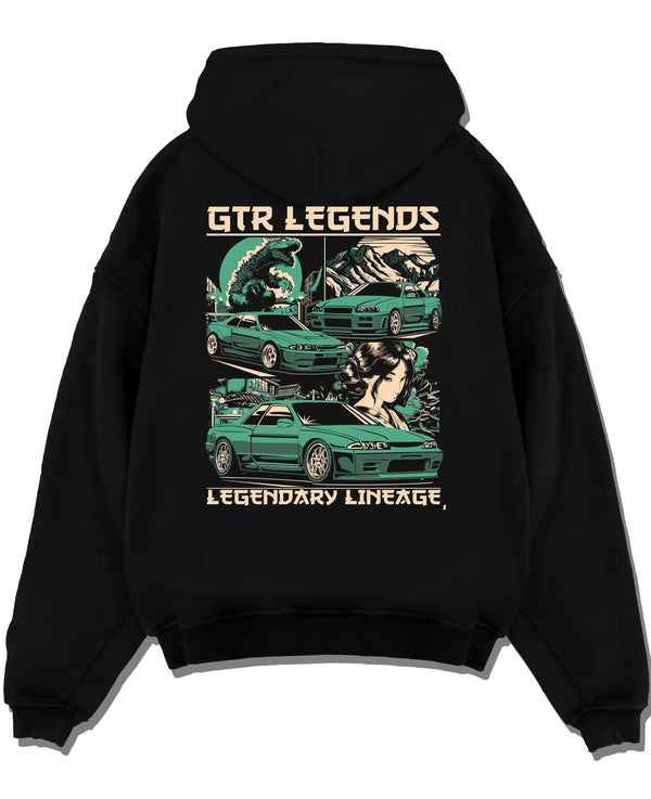 Black pullover hoodie laid flat on a white background, featuring SKYLINE gtr r32 r34 drift jdm street retro legend graphic.
