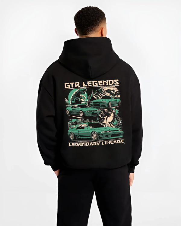 Black hoodie worn by a male model, back view, featuring SKYLINE gtr r32 r34 drift jdm street retro legend legendary graphic.